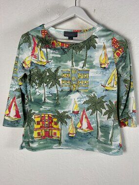 Northern Isles Women Small Coastal Scene Top 3/4 Sleeves Multicolor Casual Shirt